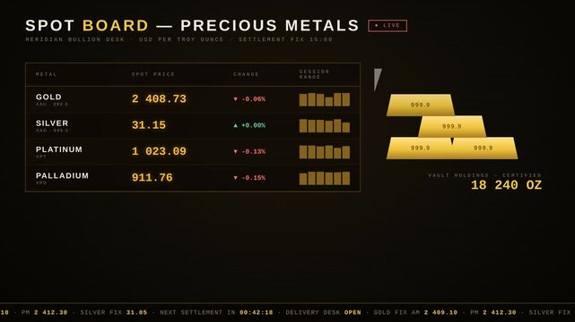 Motion of a digital stock market display showing precious metals prices with gold bars animation.