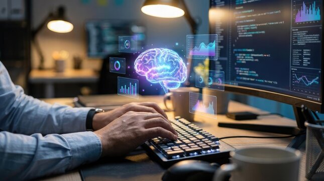 Developer working on computer with digital brain overlay.