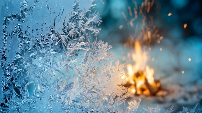 Frost-covered glass with the glow of a sparkler shimmering behind it; a concept of extreme cold and winter weather