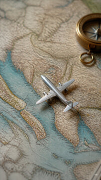 Toy silver airplane on vintage paper map with brass compass, travel planning and adventure concept