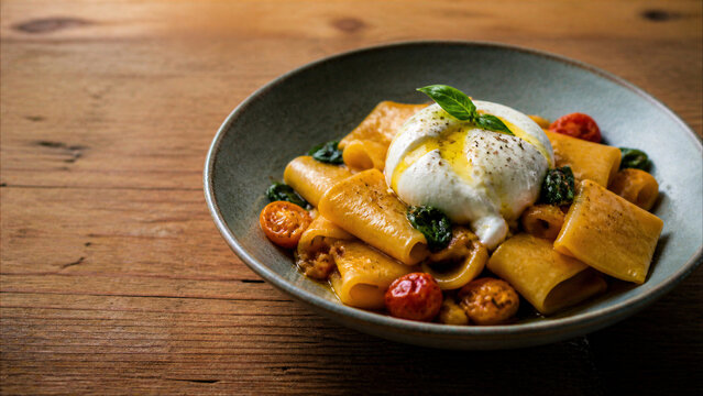 Italian Paccheri Pasta with Creamy Burrata Cheese and Cherry Tomatoes in a Dark Bowl on a Rustic Wooden Table
