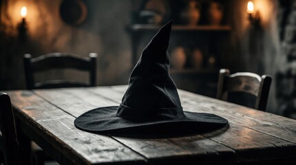 Fototapeta premium Black witch hat sits on dark wooden table in rustic room. Pointed cap lies on vintage surface inside dim home. Mysterious accessory for holiday party event. Spooky atmosphere decor creates occult