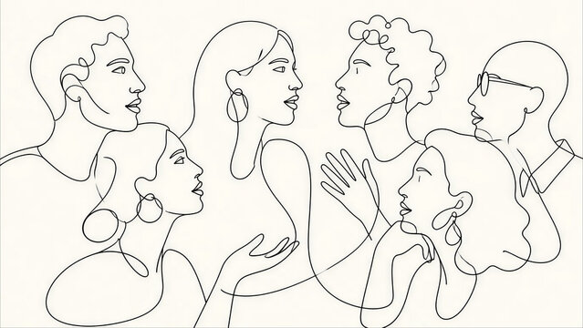 Minimalist continuous line drawing of a diverse group of people talking, representing community, communication, and social connection on a plain background.