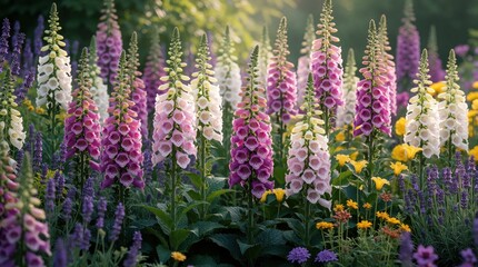 Obraz premium Garden bed with tall foxgloves blooming pink, white and purple. Smaller yellow and lavender flowers bloom nearby. Rich green leaves fill the foreground.