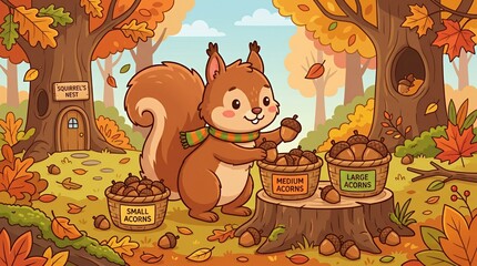 Fototapeta premium Cute squirrel sorting acorns in fall forest landscape.