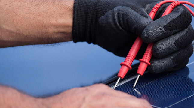 Solar cell technician testing industrial scale solar panel with red probes and black gloves for maintenance work