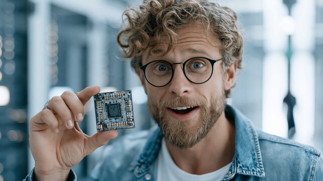 Excited man with curly hair holds a computer chip, showcasing technology innovation.