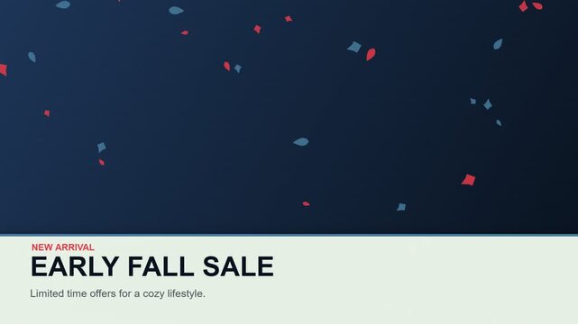 Early fall sale promotional banner with floating abstract confetti on a dark blue background
