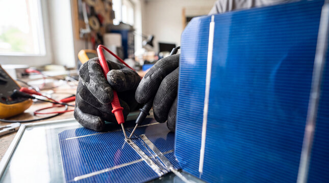 Solar cell technician testing industrial scale solar panel with probes in workshop environment