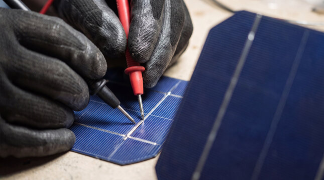 Solar cell technician testing industrial scale solar panel with probes and gloves for quality control and efficiency