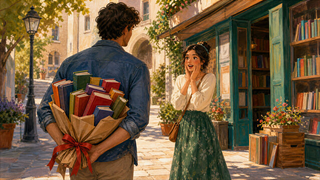 Man Surprising Woman with a Bouquet of Books Outside a Charming Old Bookstore Painting Style