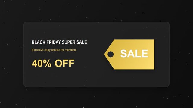 Black friday super sale banner with forty percent off discount and golden price tag animation