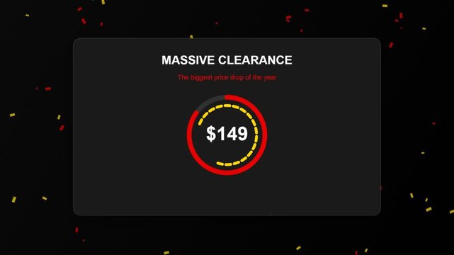 Massive clearance sale banner with a dynamic price countdown timer and falling confetti