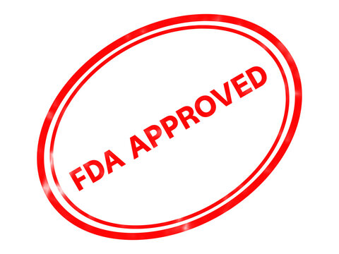 FDA approved red rubber stamp illustration, certified product seal icon, medical and food safety validation mark on white background