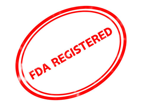 FDA registered red rubber stamp, oval certification mark for product packaging, official compliance seal for medical and food safety