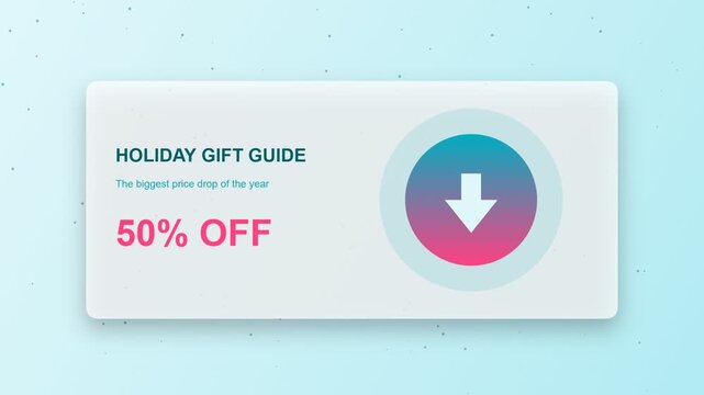 Holiday gift guide banner with fifty percent off discount and a modern gradient arrow icon
