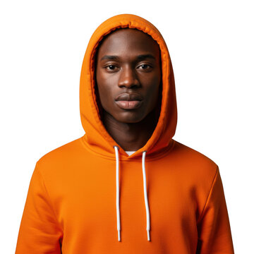 Portrait of a young black man wearing an orange hoodie isolated on transparent background