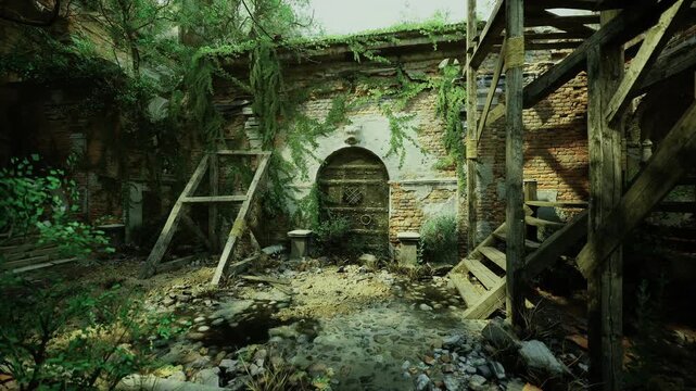 Overgrown stone courtyard ruins germany mosscovered arches and broken wooden scaffolding surround shallow reflective pool, soft daylight filtering through dense