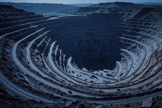 Large open pit mine with tiered levels descending into earth. Industrial quarry site shows massive excavation crater with roads. Heavy trucks drive along deep circular hole for mineral extraction.
