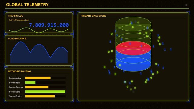 Global telemetry dashboard showing digital data analytics with network traffic and load balancing