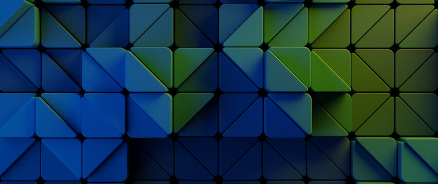 Abstract Geometric Tessellation Background of Raised Blue to Green Triangles and Squares Creating Depth and Modern Digital Design