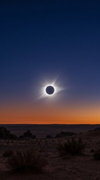 spectacular solar eclipse over desert landscape at dusk with vibrant sky colors and silhouetted terrain