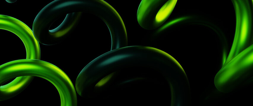 Abstract Glowing Green Curved Shapes Smooth Fluid Motion on Black Background Digital Art Futuristic Energy Concept