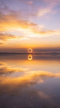 serene sunset reflecting on tranquil lake with golden clouds in the sky. scenic nature view