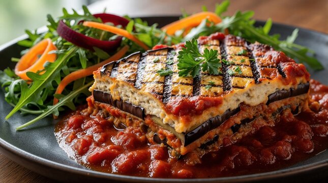 Grilled eggplant moussaka layered with creamy cheese on dark ceramic plate. Hearty Mediterranean meal served with fresh green arugula salad plus spicy tomato sauce. Tasty vegetarian dinner recipe for