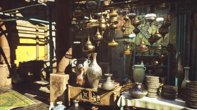 Morocco brass lamps displayed in sunlit stall, hanging lanterns and ornate teapots arranged on wooden tables, warm golden light casting patterned shadows