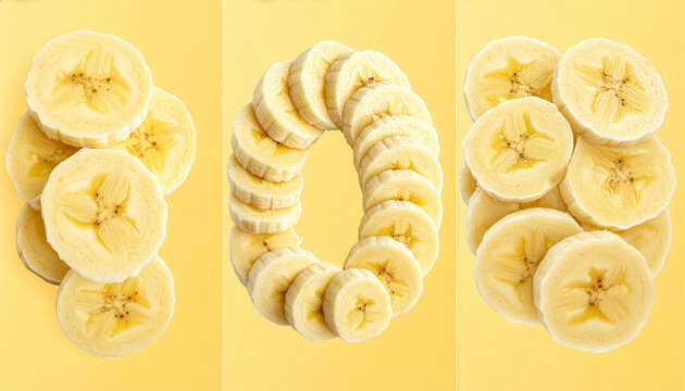Fresh Banana Slices Collage Flat Lay Set of Ripe Fruit Cut Pieces Isolated on Pastel Yellow Background Healthy Eating Concept