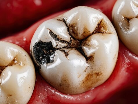 Macro view of human molar with severe dental caries, deep cavities. Damaged tooth enamel shows dark decay spots, oral health problems. Close up image displays poor hygiene issues, need for pro