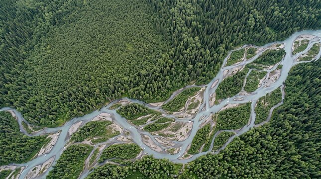 Braided river channels threading through forest canopy