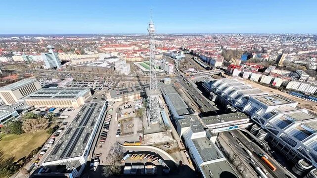 Aerial Drone Flight Over Funkturm, ICC and Autobahn on a Sunny Day &ndash; 4K Berlin