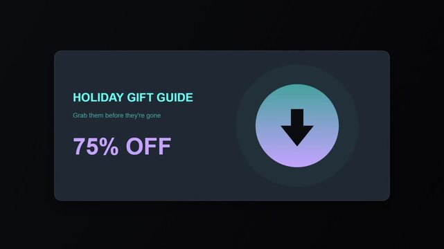 Holiday gift guide banner with seventy five percent off discount and animated download arrow