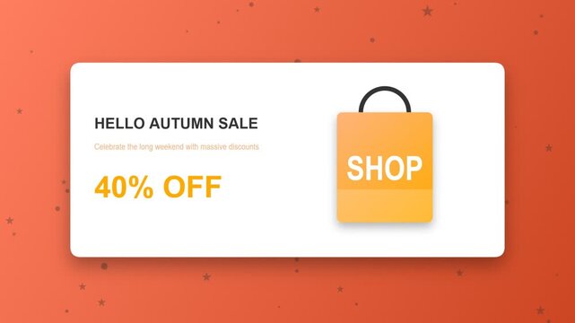 Hello autumn sale banner with forty percent discount and yellow shopping bag icon animation