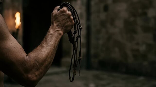 Close up of a strong muscular male arm tightly gripping a dark leather whip against a textured stone wall representing the dramatic biblical flagellation of jesus christ in ancient rome