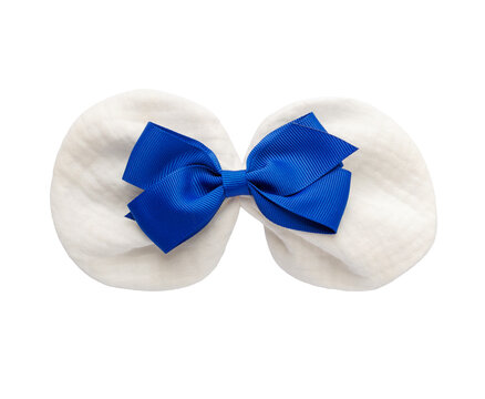 Bright blue grosgrain ribbon bow combined with soft white fabric decoration, isolated on a transparent background.