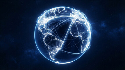Fototapeta premium High speed global telecommunication hub and fiber optic network concept background, 3D planet Earth sphere with white glowing light tracks, broadband connectivity graphic