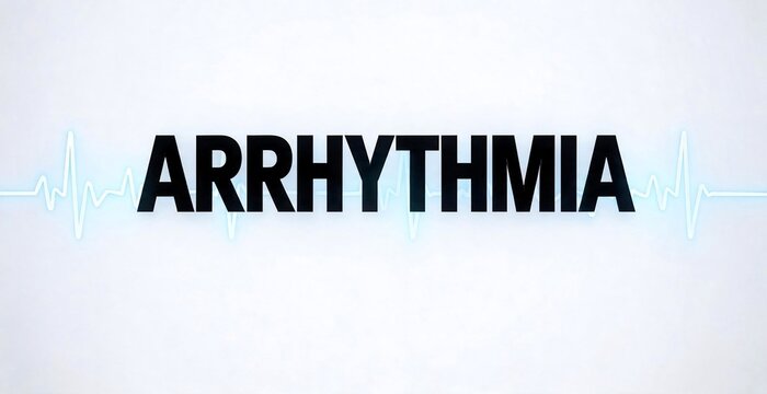 Arrhythmia text with heart monitor wave graphic on a simple background, symbolizing medical condition.