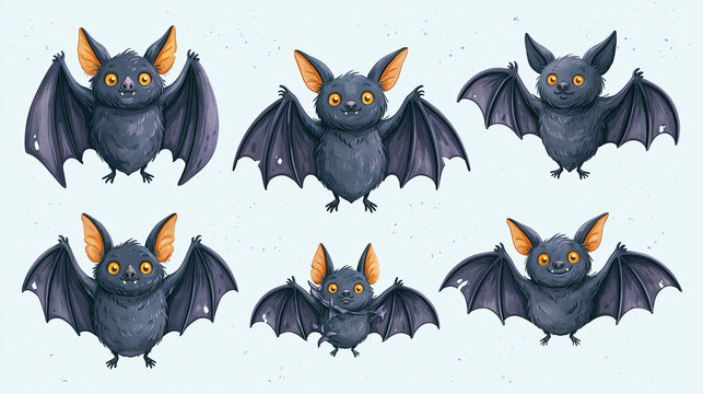 Cute cartoon bats with large ears and expressive eyes, showcasing various poses.