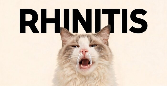 A cat with eyes half-closed and mouth open appears to be sneezing or experiencing allergy symptoms. The word RHINITIS is displayed prominently above the cat's head.