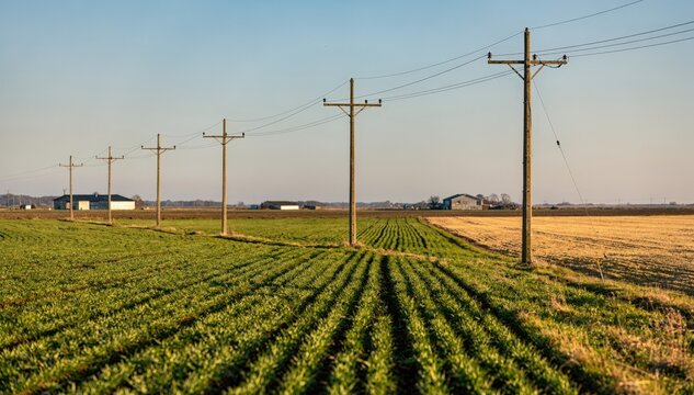 Medium shot featuring tall telecom poles cutting across expansive crop fields under a clear sky with distant barns subtly out of focus