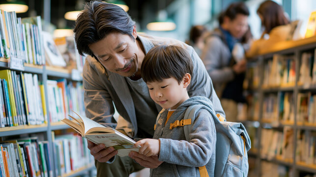 Father and son enjoying storytime together in a modern library setting.