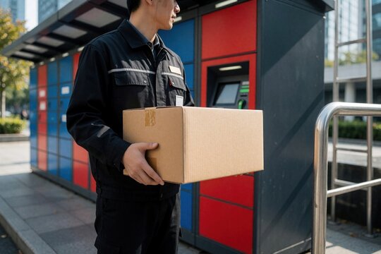 Delivery worker holds package near parcel locker. Man in uniform delivers box to automated pickup point. Urban logistics, shipment, online shopping service.