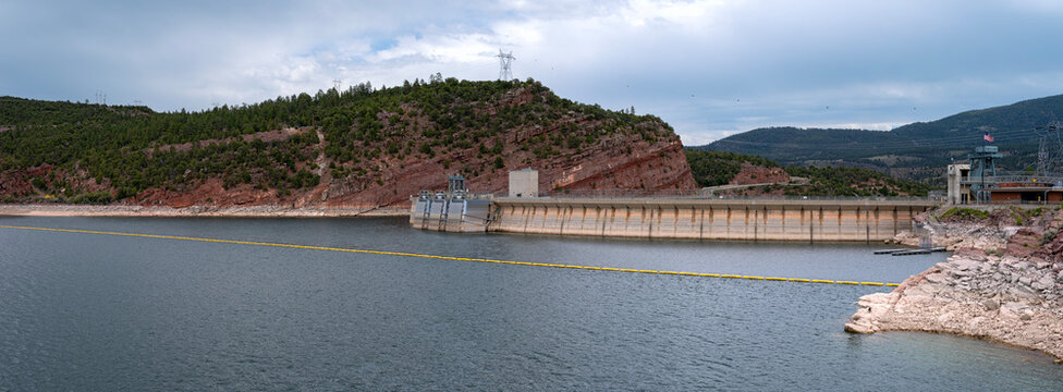 Panorama of the Flaming Gorge Dam on the Green River at Dutch John in Utah, USA