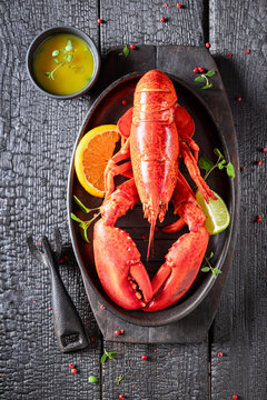 Steamed and fresh lobster as fresh mediterranean delicacy.
