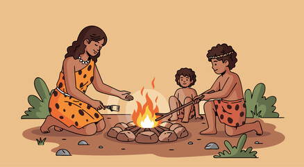 Cartoon illustration of a prehistoric caveman family with mother and children sitting around a campfire in a stone age landscape, side view.