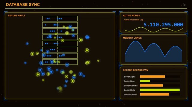 Database sync interface showing digital data flow and analytics with futuristic neon graphics