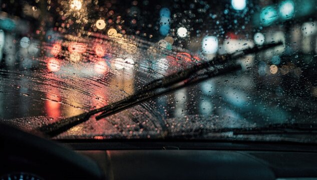 Medium shot of a rainy night windshield with raindrops blurring city lights windshield wipers in motion clearing the light drizzle for a cinematic street view.